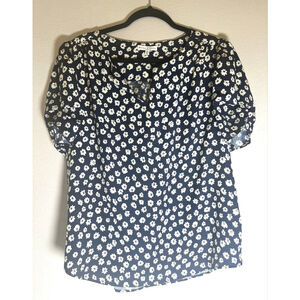 Maison d'Amélie sz L Navy Blue White Floral Short Sleeve women's Blouse